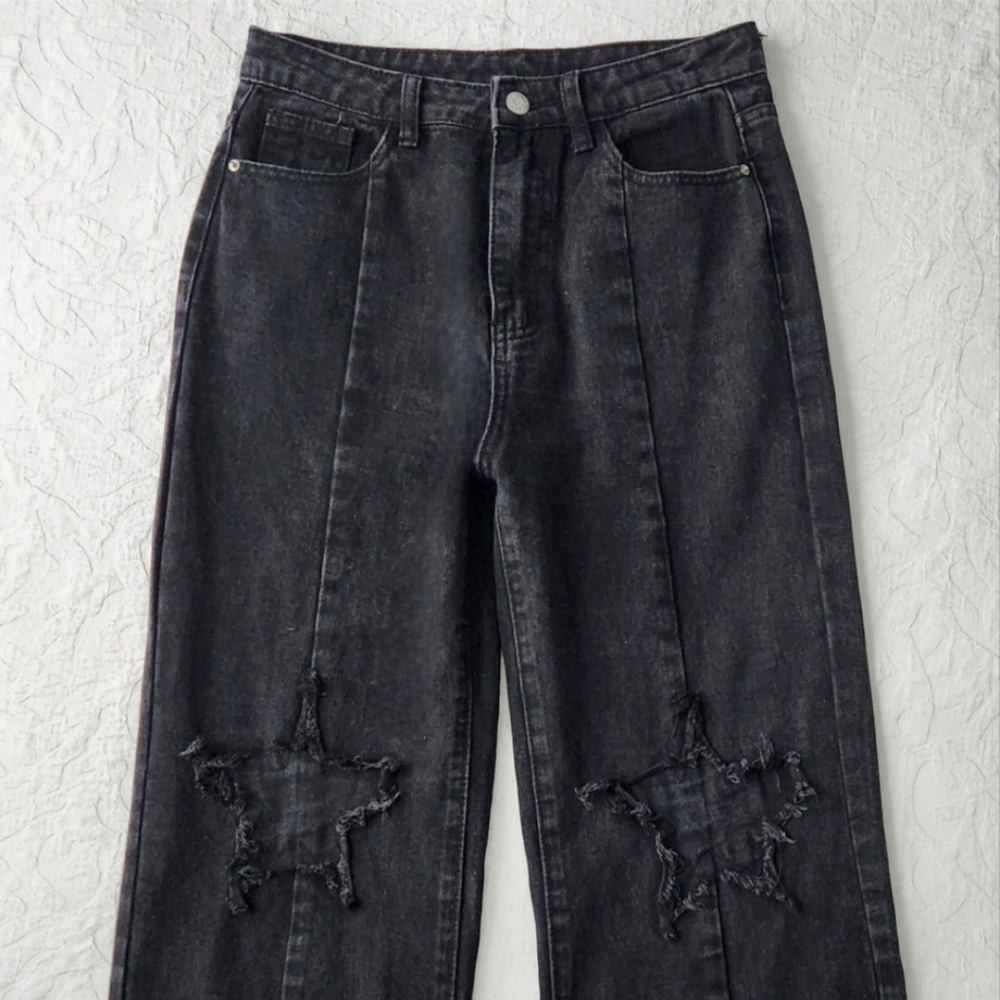 SHEIN Super High Rise Boyfriend Jeans With Frayed Star Knees, Burnout Black Sz 4